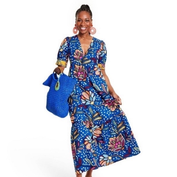 Tabitha Brown Blue Floral Polk Dot Maxi Dress Size Small - Picture 1 of 10
